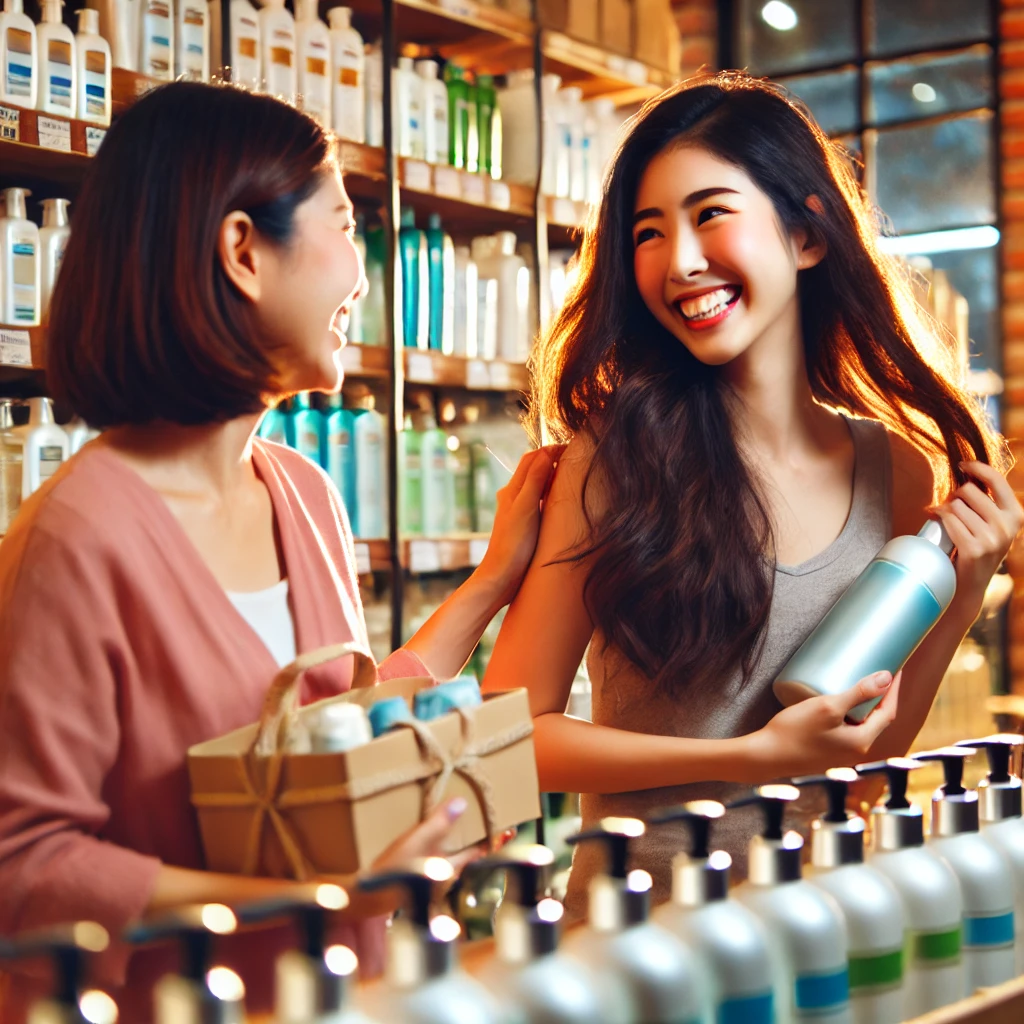 "A joyful moment in a shampoo store where an East Asian female customer is smiling while holding a shampoo bottle, interacting warmly with the East Asian female store owner who is holding a basket of products. The store is brightly lit with neatly arranged shampoo bottles on the shelves, creating a welcoming and friendly atmosphere."