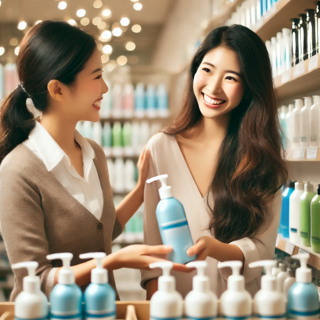 "A joyful interaction in a shampoo store between an East Asian female store owner and an East Asian female customer. The customer is smiling and holding a shampoo bottle while the owner warmly engages with her. The store shelves are lined with various shampoo bottles, creating a bright and welcoming atmosphere."