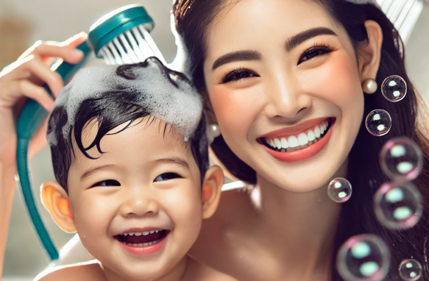 "A joyful moment between an East Asian mother and her child during a bath. Both are smiling brightly while washing their hair, with soap bubbles surrounding them. The mother is holding a showerhead, and the child is laughing, creating a warm and playful atmosphere."