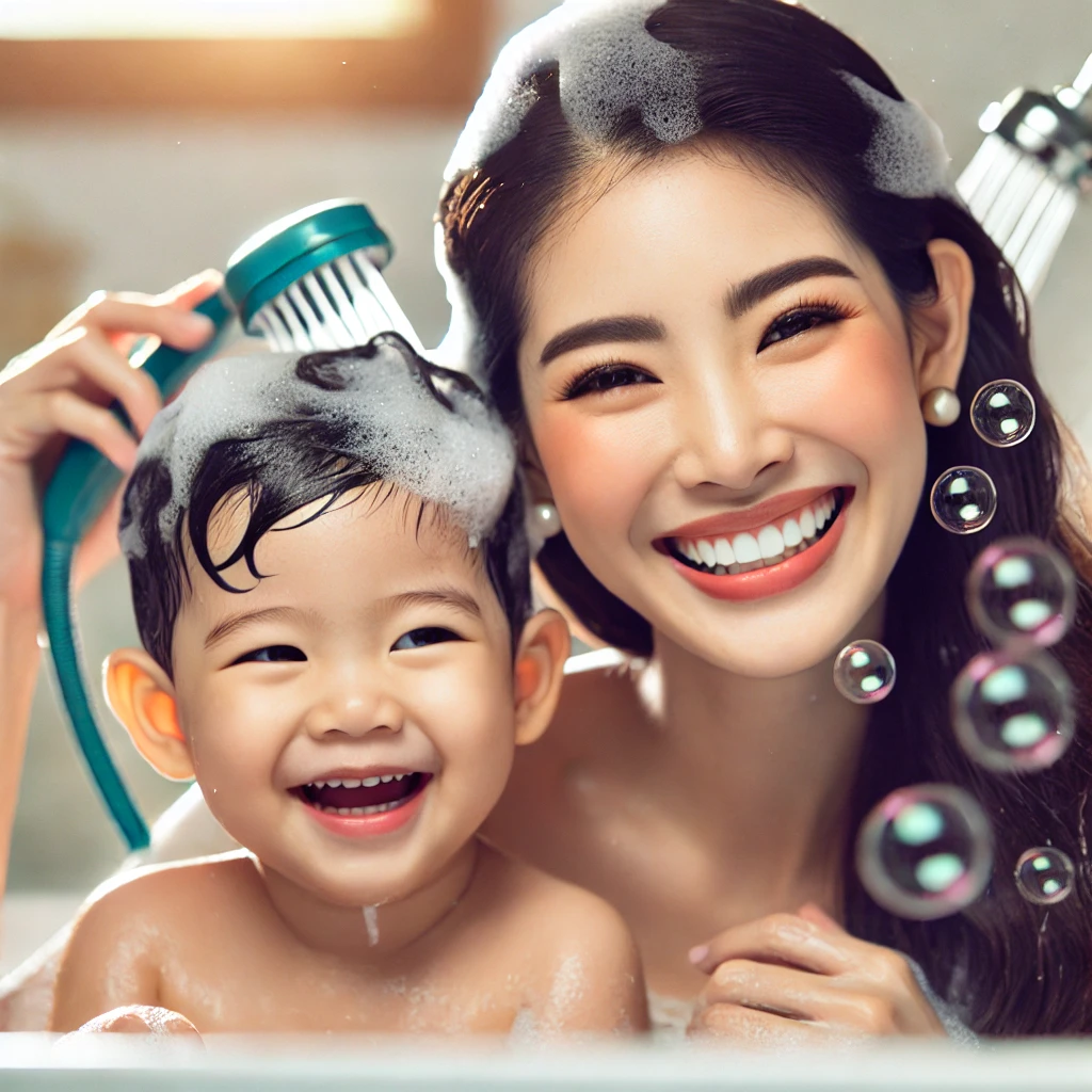 "A joyful moment between an East Asian mother and her child during a bath. Both are smiling brightly while washing their hair, with soap bubbles surrounding them. The mother is holding a showerhead, and the child is laughing, creating a warm and playful atmosphere."