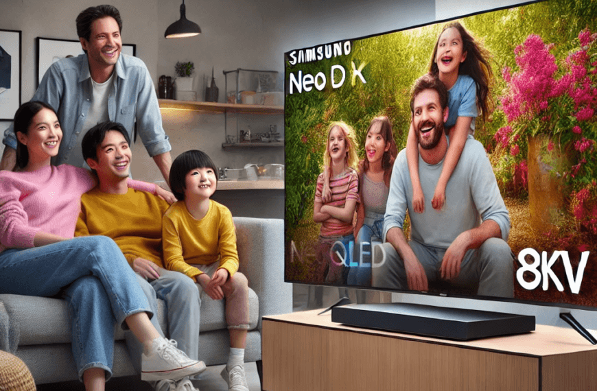 삼성 Neo QLED 8K TV를 감상하는 가족의 일상적인 모습, TV 화면의 선명한 화질을 보여주는 장면.