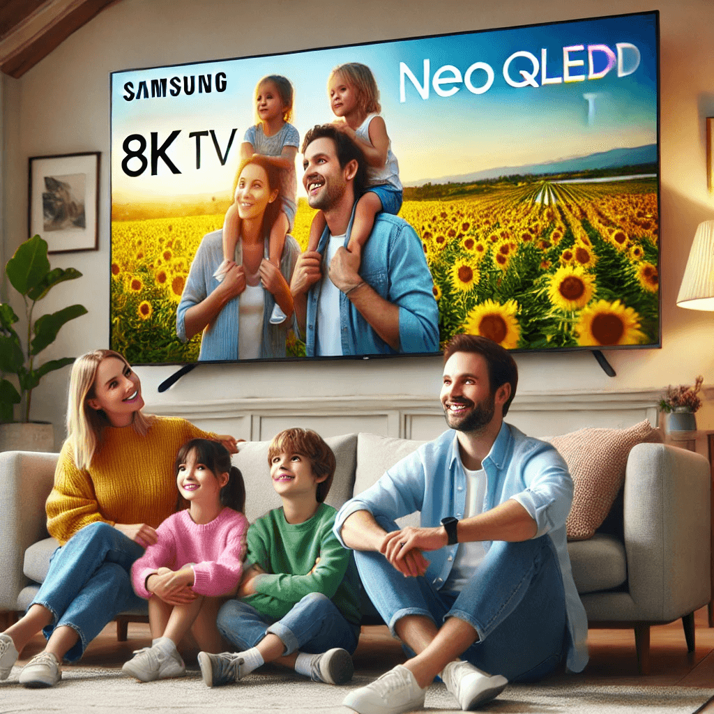 가족이 삼성 Neo QLED 8K TV를 감상하는 모습과 TV의 선명한 8K 화질을 표현한 장면