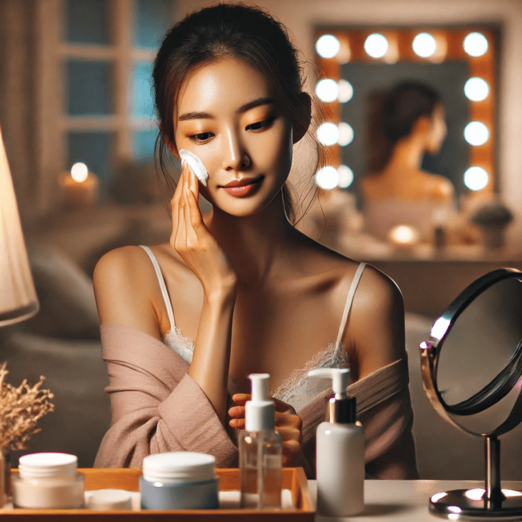 Here is the image of a beautiful Korean woman standing in front of her vanity, using cleansing foam to remove her makeup. Let me know if you'd like any adjustments or additional details!