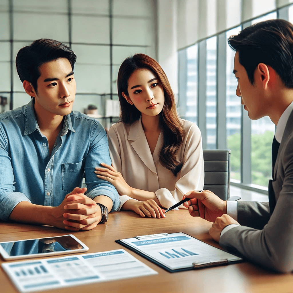 "현대적인 사무실에서 금융 상담사가 걱정스러운 표정의 한국인 부부와 상담을 진행하는 모습. 상담사는 신용 회복과 관련된 다양한 옵션을 설명하고 있으며, 책상 위에는 서류와 차트가 놓여 있습니다. 상담사와 부부의 상호작용에 초점을 맞추어 신용 회복 상담이 진행되고 있습니다. 배경은 깔끔하고 전문적인 사무실 환경입니다.